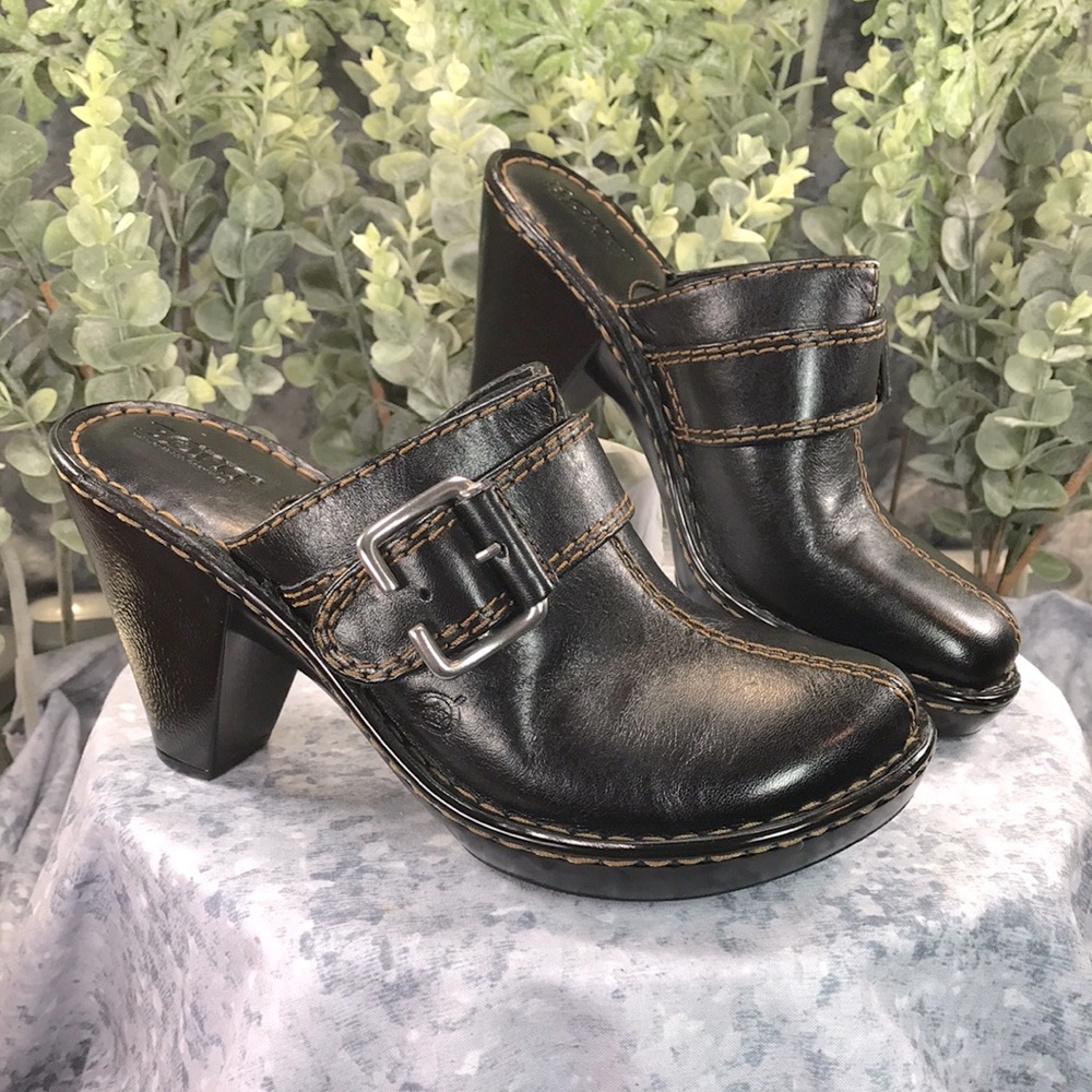 BORN Black Leather Stitch 3.75” Mule Heels Womens 8M (EUR39) 🖤Brand NEW🖤